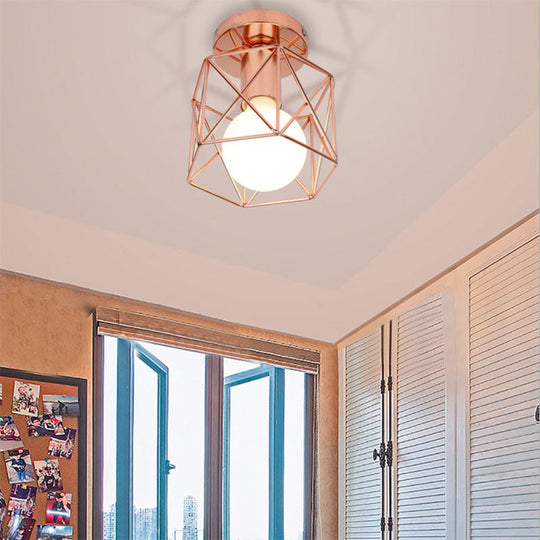 Copper Iron Loft Style Semi Flush Mount Light with Geometric Cage Shade - Bedroom Ceiling Fixture