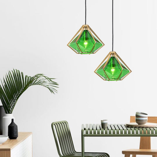 Modern Diamond Pendant Light With Metal Cage And Textured Glass In Green/Clear/White