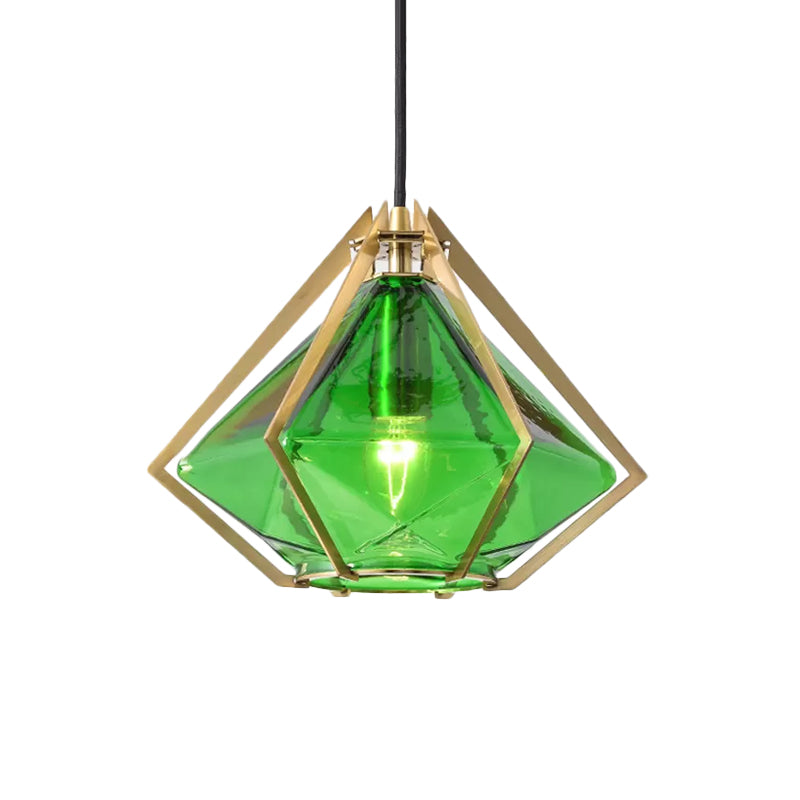 Modern Glass Diamond Pendant Light - Green/Clear/Textured White - 1 Light - Stout/Linear/Bell Metal Cage