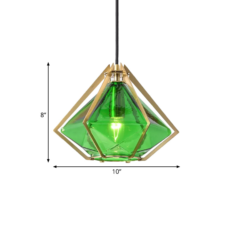 Modern Diamond Pendant Light With Metal Cage And Textured Glass In Green/Clear/White