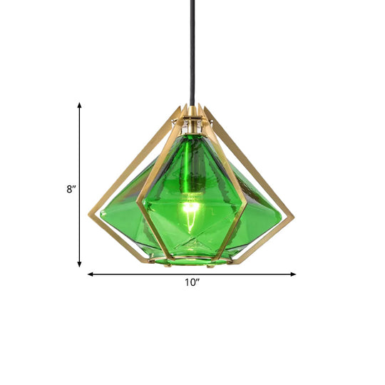 Modern Diamond Pendant Light With Metal Cage And Textured Glass In Green/Clear/White
