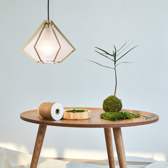 Modern Glass Diamond Pendant Light - Green/Clear/Textured White - 1 Light - Stout/Linear/Bell Metal Cage