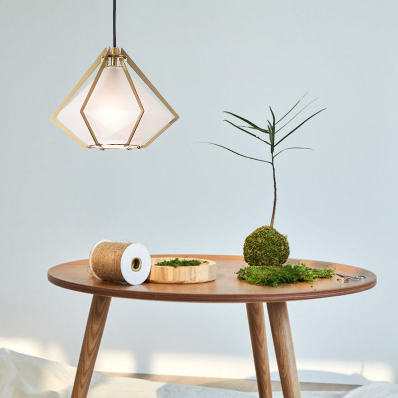 Modern Diamond Pendant Light With Metal Cage And Textured Glass In Green/Clear/White