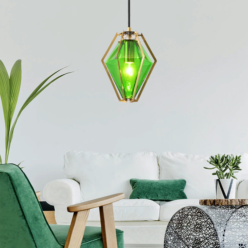 Modern Diamond Pendant Light With Metal Cage And Textured Glass In Green/Clear/White