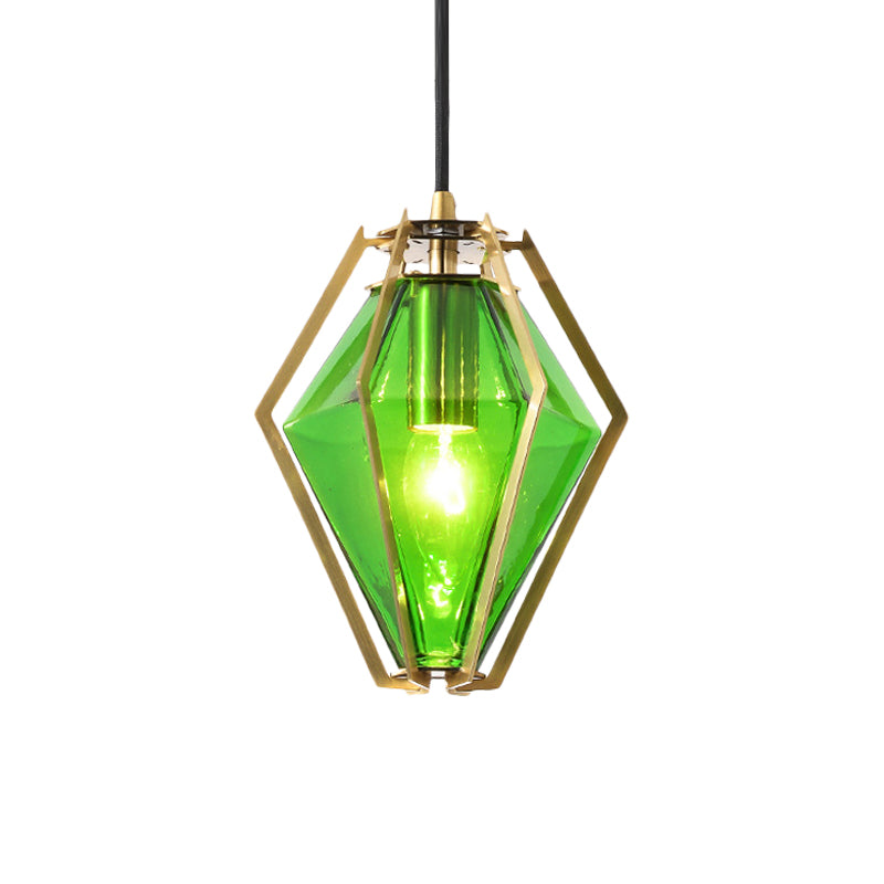 Modern Glass Diamond Pendant Light - Green/Clear/Textured White - 1 Light - Stout/Linear/Bell Metal Cage