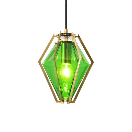Modern Diamond Pendant Light With Metal Cage And Textured Glass In Green/Clear/White