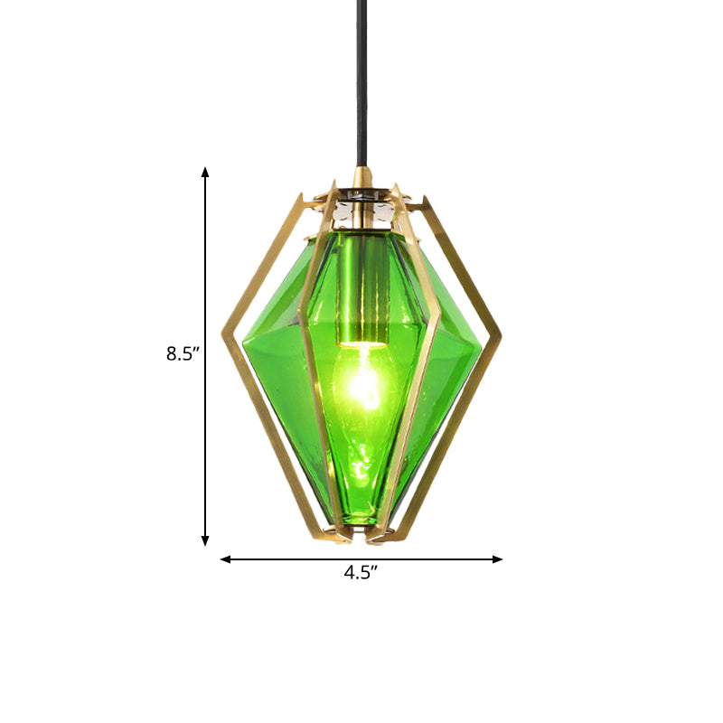 Modern Glass Diamond Pendant Light - Green/Clear/Textured White - 1 Light - Stout/Linear/Bell Metal Cage