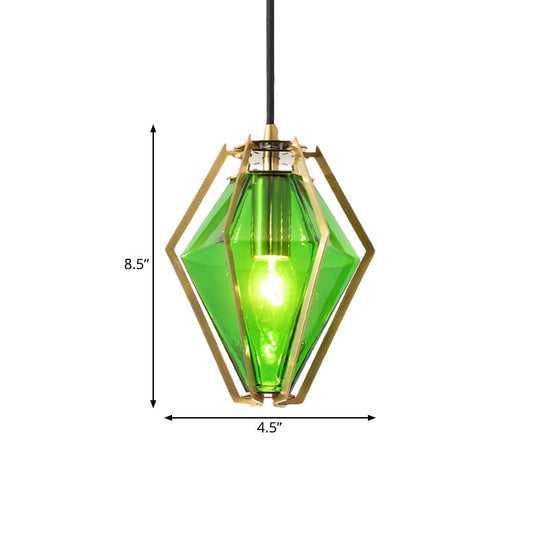 Modern Diamond Pendant Light With Metal Cage And Textured Glass In Green/Clear/White
