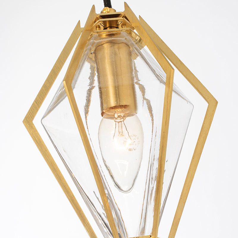 Modern Diamond Pendant Light With Metal Cage And Textured Glass In Green/Clear/White