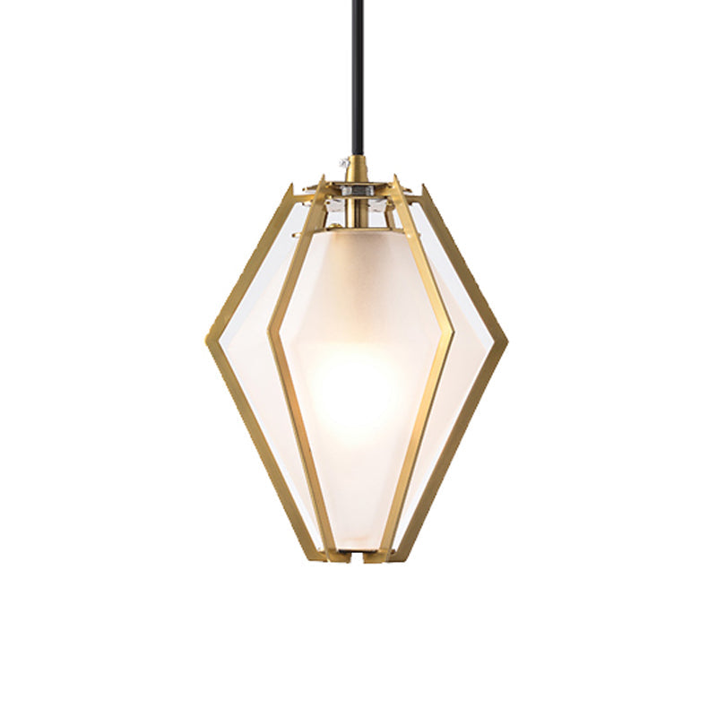 Modern Glass Diamond Pendant Light - Green/Clear/Textured White - 1 Light - Stout/Linear/Bell Metal Cage