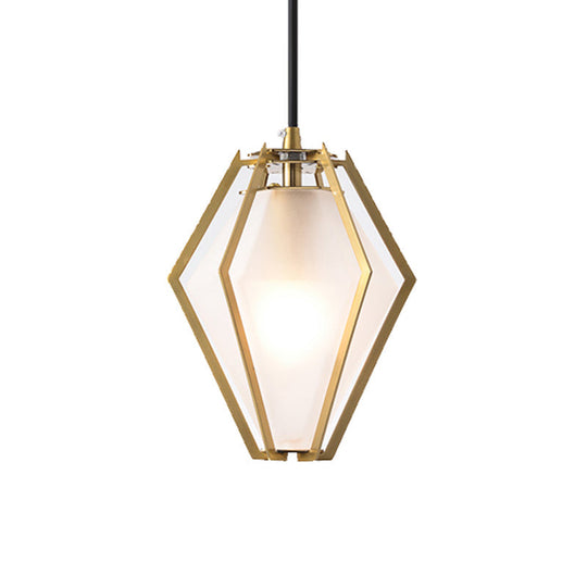 Modern Glass Diamond Pendant Light - Green/Clear/Textured White - 1 Light - Stout/Linear/Bell Metal Cage