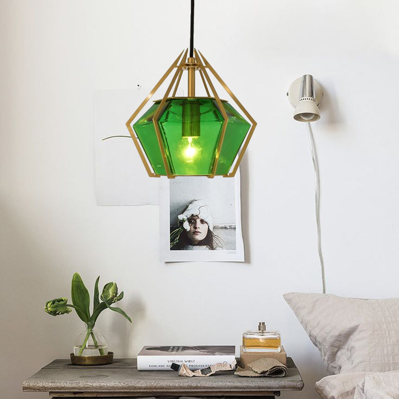 Modern Glass Diamond Pendant Light - Green/Clear/Textured White - 1 Light - Stout/Linear/Bell Metal Cage