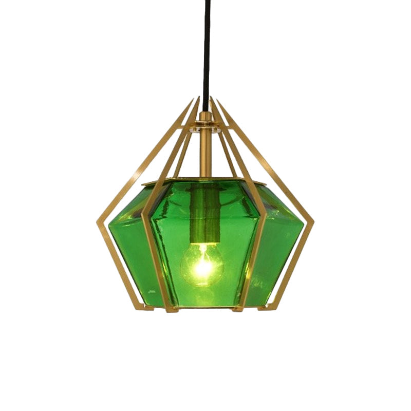 Modern Glass Diamond Pendant Light - Green/Clear/Textured White - 1 Light - Stout/Linear/Bell Metal Cage