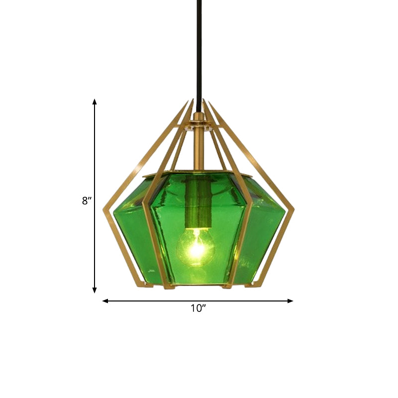 Modern Glass Diamond Pendant Light - Green/Clear/Textured White - 1 Light - Stout/Linear/Bell Metal Cage
