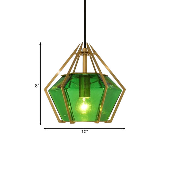 Modern Glass Diamond Pendant Light - Green/Clear/Textured White - 1 Light - Stout/Linear/Bell Metal Cage
