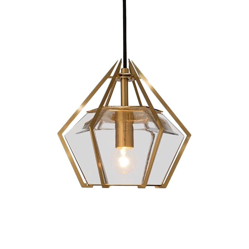 Modern Diamond Pendant Light With Metal Cage And Textured Glass In Green/Clear/White