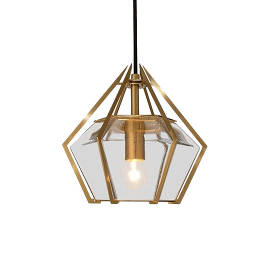 Modern Diamond Pendant Light With Metal Cage And Textured Glass In Green/Clear/White