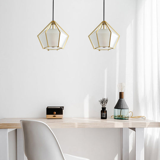 Modern Glass Diamond Pendant Light - Green/Clear/Textured White - 1 Light - Stout/Linear/Bell Metal Cage