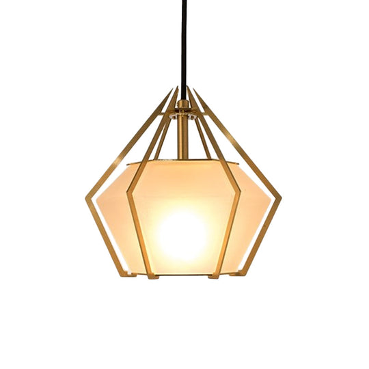 Modern Glass Diamond Pendant Light - Green/Clear/Textured White - 1 Light - Stout/Linear/Bell Metal Cage