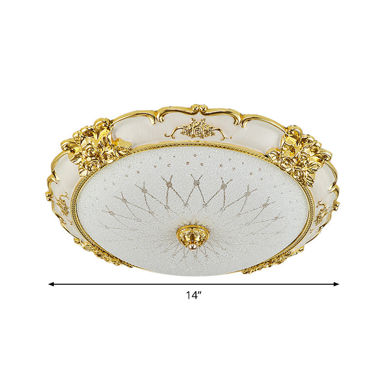 Vintage Frosted Glass LED Circular Dining Room Flush Light with Etching Flower Trim - Gold Ceiling Mounted Fixture, 14"/16" Wide