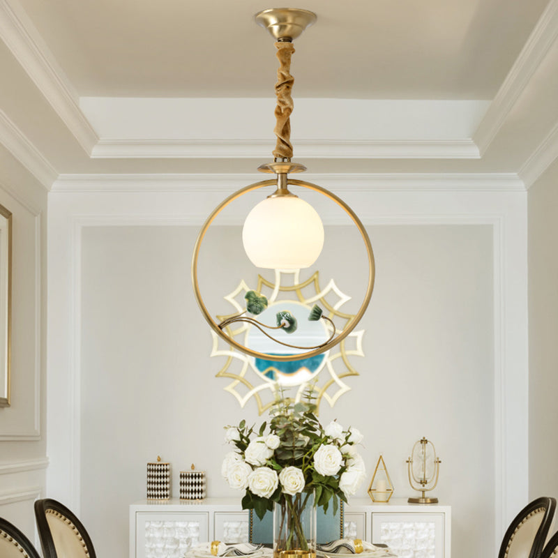 Traditional Gold & White Glass Pendulum Light With Globe Head Lotus Decor And Suspension Ring