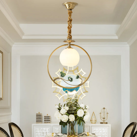 Traditional Gold & White Glass Pendulum Light With Globe Head Lotus Decor And Suspension Ring
