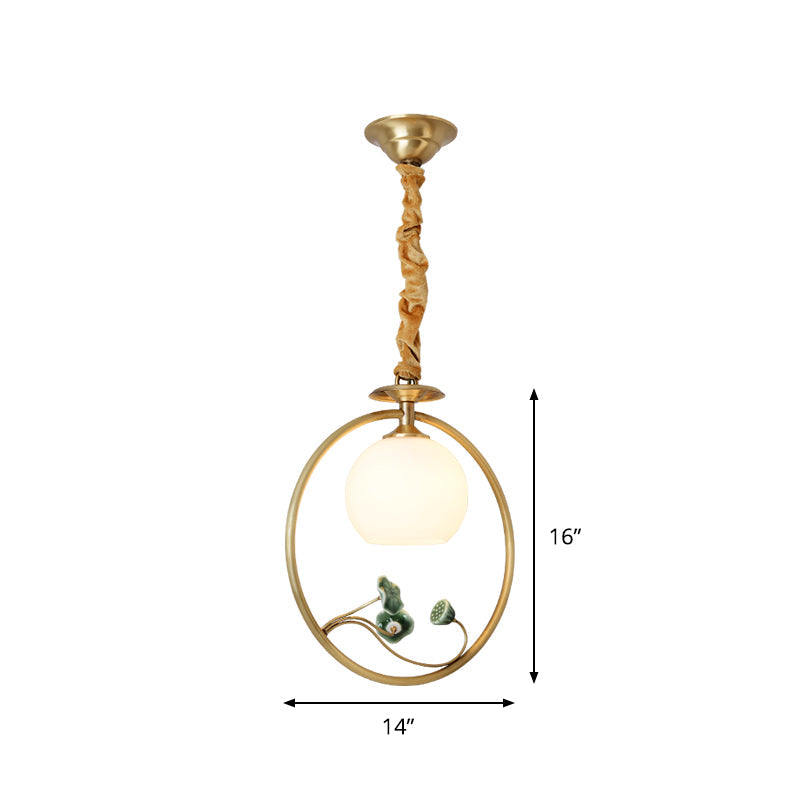 Traditional Gold & White Glass Pendulum Light With Globe Head Lotus Decor And Suspension Ring