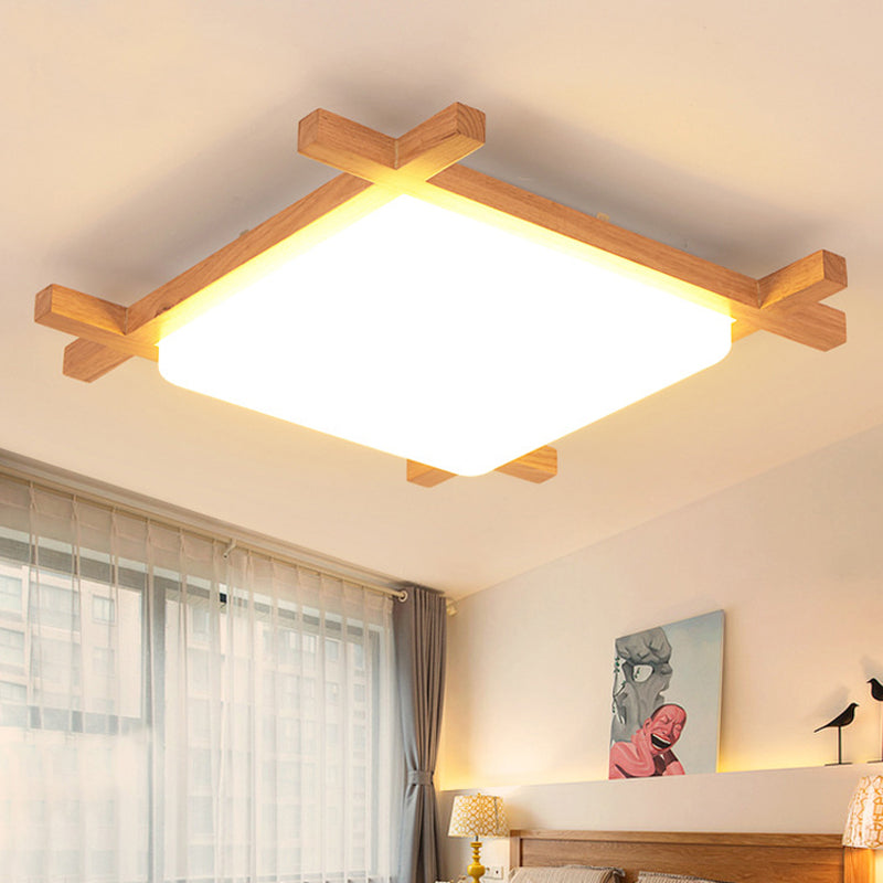 Modern Square Acrylic Wood Ceiling Lamp - White LED, Flush Mount - 15"/19"/23.5" Width - Ideal for Bathroom