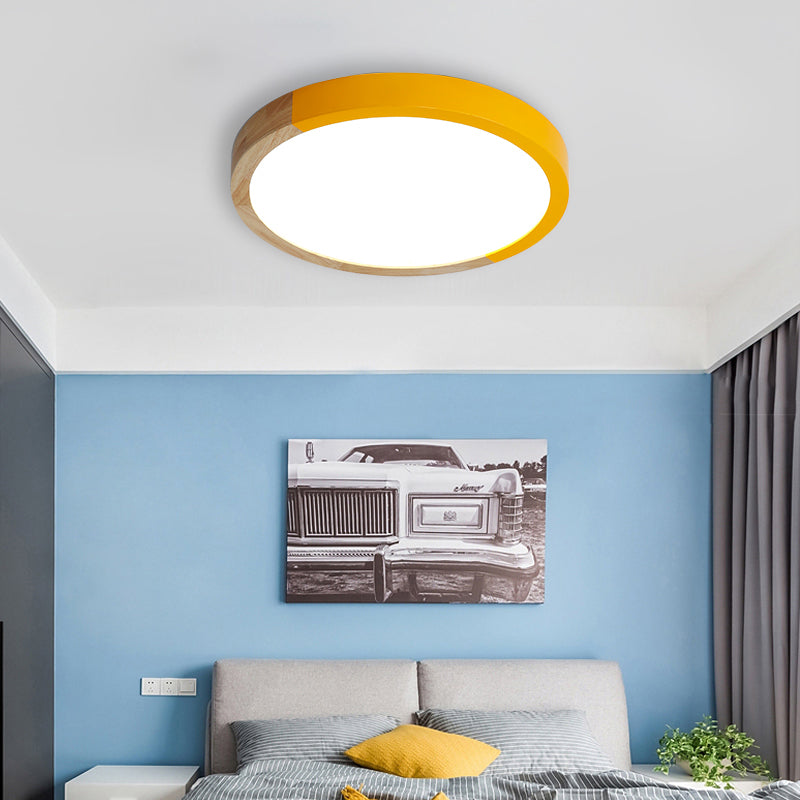 Modern Drum Flush Mount Light with Wood and Acrylic Shade for Kids Bedroom