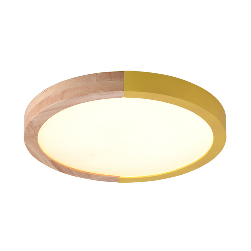 Modern Drum Flush Mount Light with Wood and Acrylic Shade for Kids Bedroom