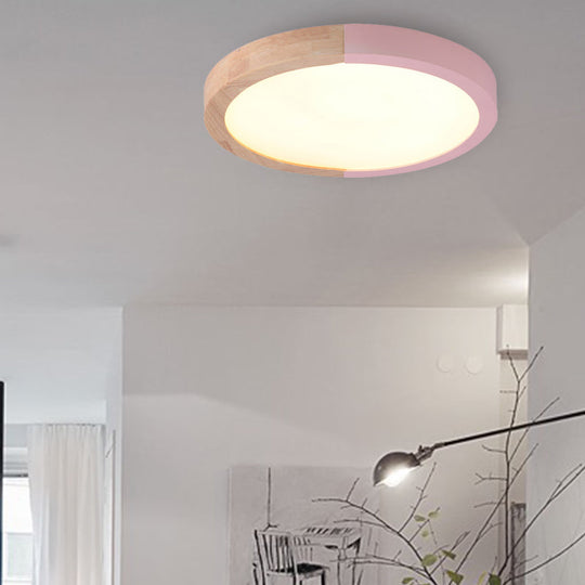 Modern Drum Flush Mount Light With Wood And Acrylic Shade For Kids Bedroom Pink / 12 White