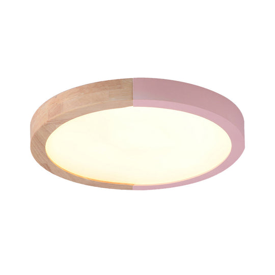 Modern Drum Flush Mount Light with Wood and Acrylic Shade for Kids Bedroom