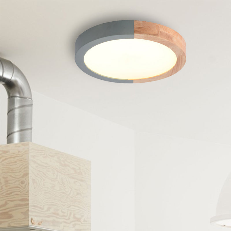 Modern Drum Flush Mount Light With Wood And Acrylic Shade For Kids Bedroom Green / 12 White