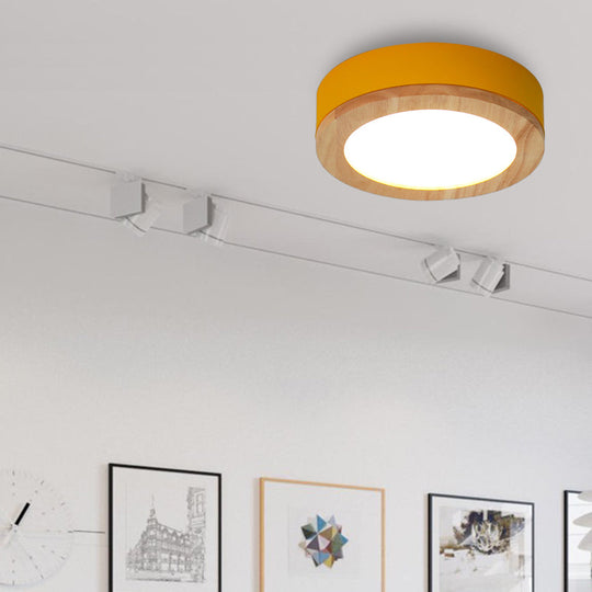 Kids Drum Ceiling Light With Wood And Acrylic Shade - Ideal Bedroom Flush Mount Fixture Yellow / 12