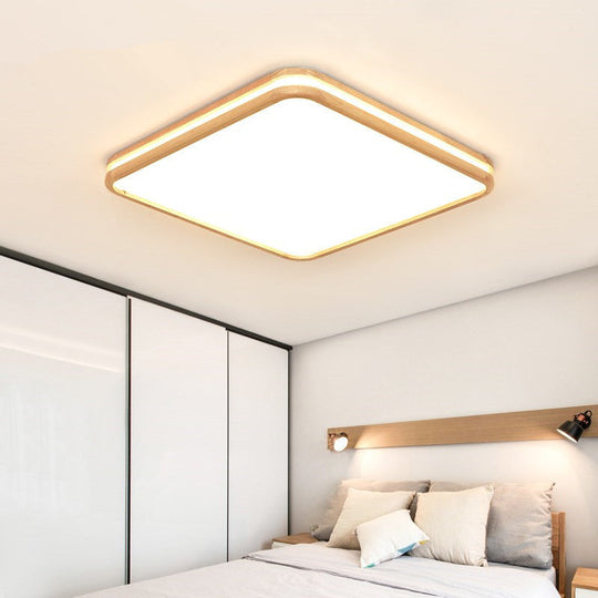 Slim Panel Square Ceiling Mount Light: Wood Edge, Simple Style, LED Ceiling Lamp - Beige (18/26 Inch Wide)