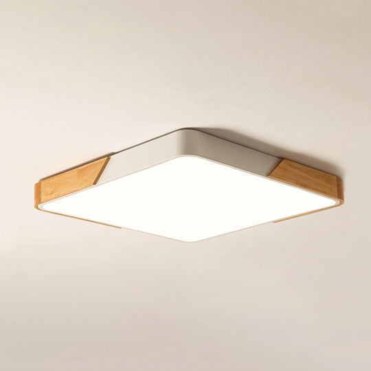 Kids Bedroom Ceiling Light - Nordic Green Square Flush Mount with Wood and Acrylic Shade