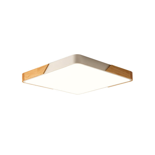 Kids Bedroom Ceiling Light - Nordic Green Square Flush Mount with Wood and Acrylic Shade
