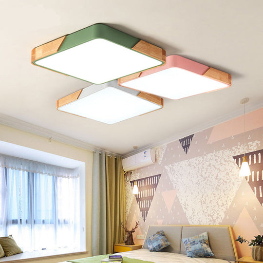 Kids Bedroom Ceiling Light - Nordic Green Square Flush Mount with Wood and Acrylic Shade