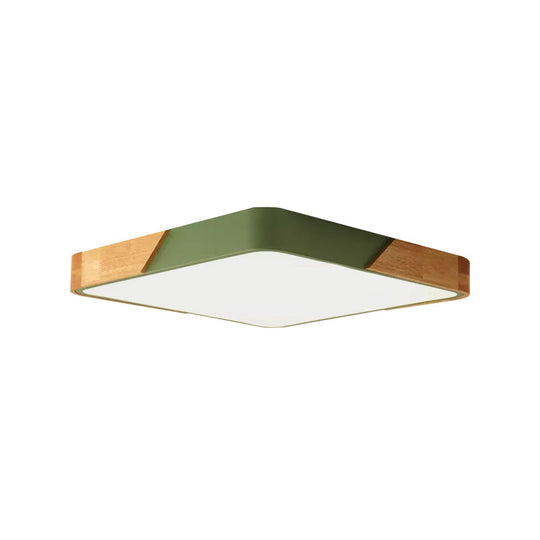 Kids Bedroom Ceiling Light - Nordic Green Square Flush Mount with Wood and Acrylic Shade