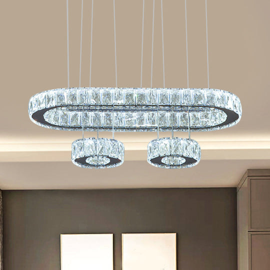 Modern LED Chrome Pendant Chandelier Light with Beveled Crystal Oval Design
