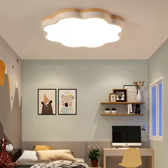 Wooden Ceiling Light With Floral Shade - Flush Mount For Kids Bedroom