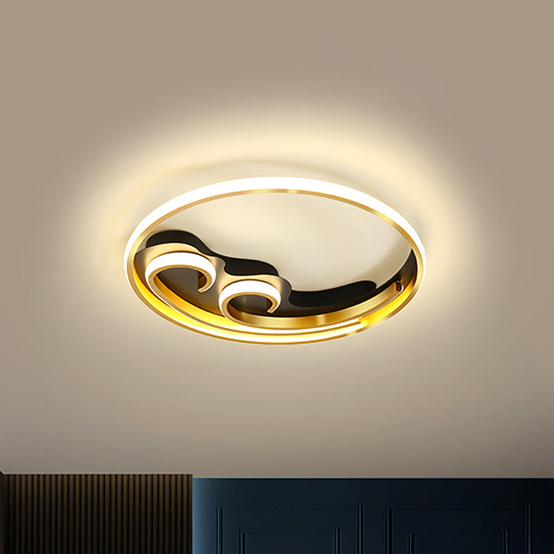 Metallic LED Nordic Flush Light Fixture - Waves Bedroom Semi Mount Lighting in Gold/Black-Gold