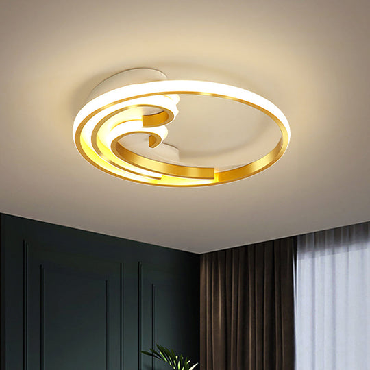 Metallic LED Nordic Flush Light Fixture - Waves Bedroom Semi Mount Lighting in Gold/Black-Gold