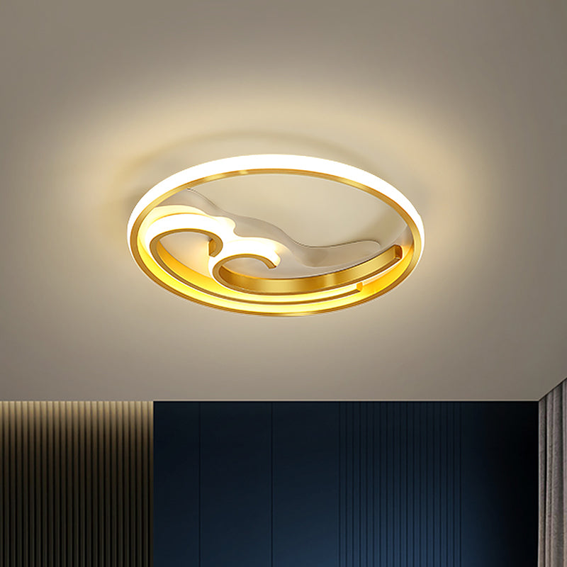 Metallic Led Nordic Flush Light Fixture - Waves Bedroom Semi Mount Lighting In Gold/Black-Gold