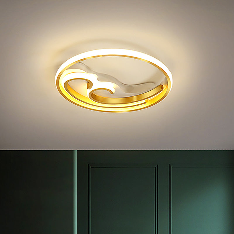 Metallic LED Nordic Flush Light Fixture - Waves Bedroom Semi Mount Lighting in Gold/Black-Gold