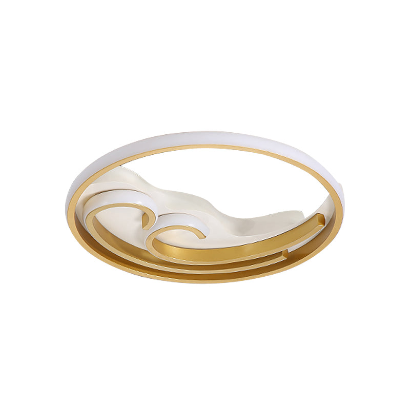 Metallic LED Nordic Flush Light Fixture - Waves Bedroom Semi Mount Lighting in Gold/Black-Gold