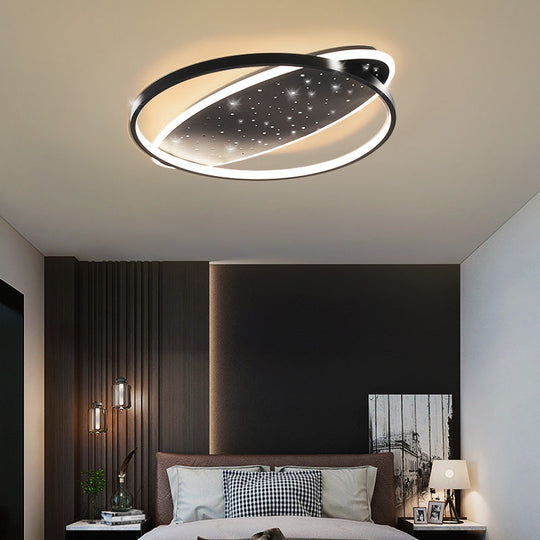 Modern LED Flush Ceiling Light in Black with Metallic Oval and Circular Design