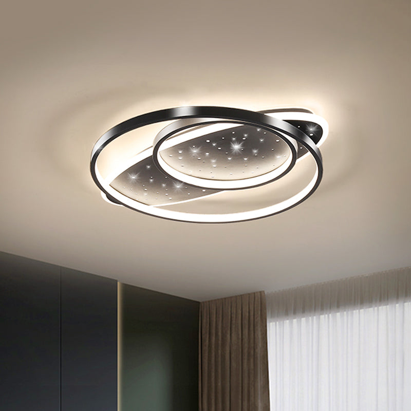 Modern LED Flush Ceiling Light in Black with Metallic Oval and Circular Design
