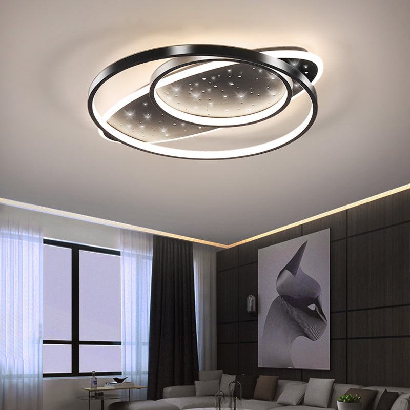 Modern LED Flush Ceiling Light in Black with Metallic Oval and Circular Design