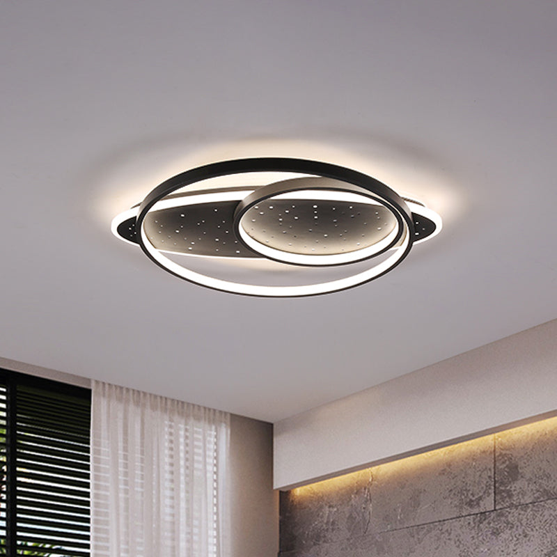 Modern LED Flush Ceiling Light in Black with Metallic Oval and Circular Design